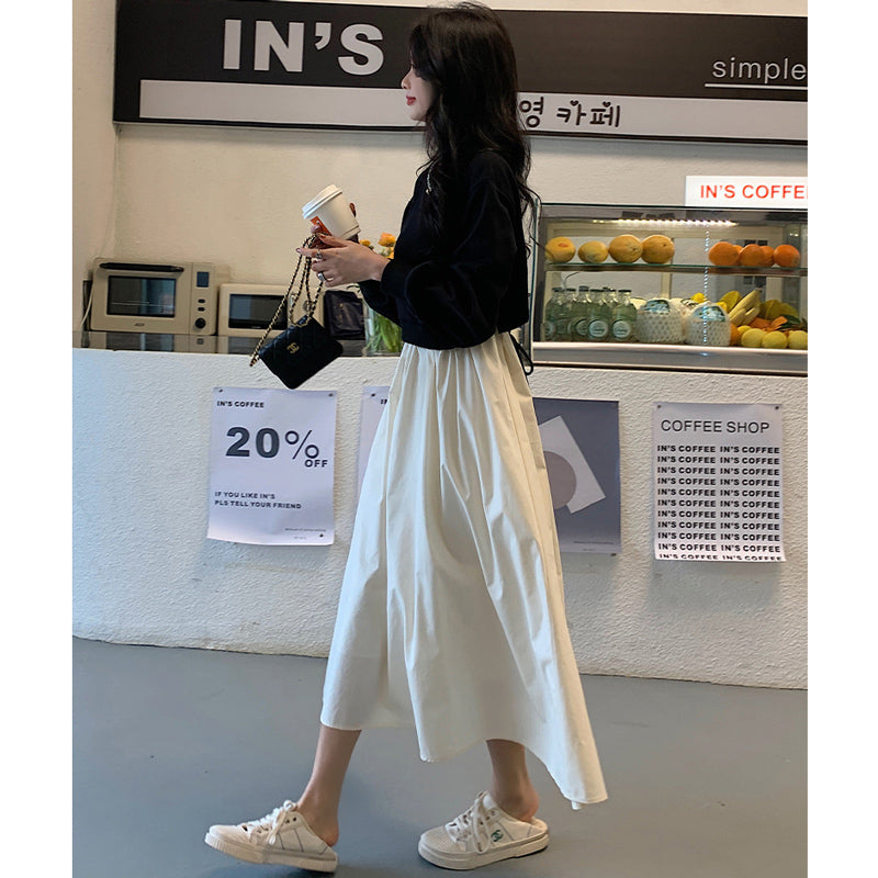 ショート丈ニットトップス×ロング丈シャツコンビ風ワンピース