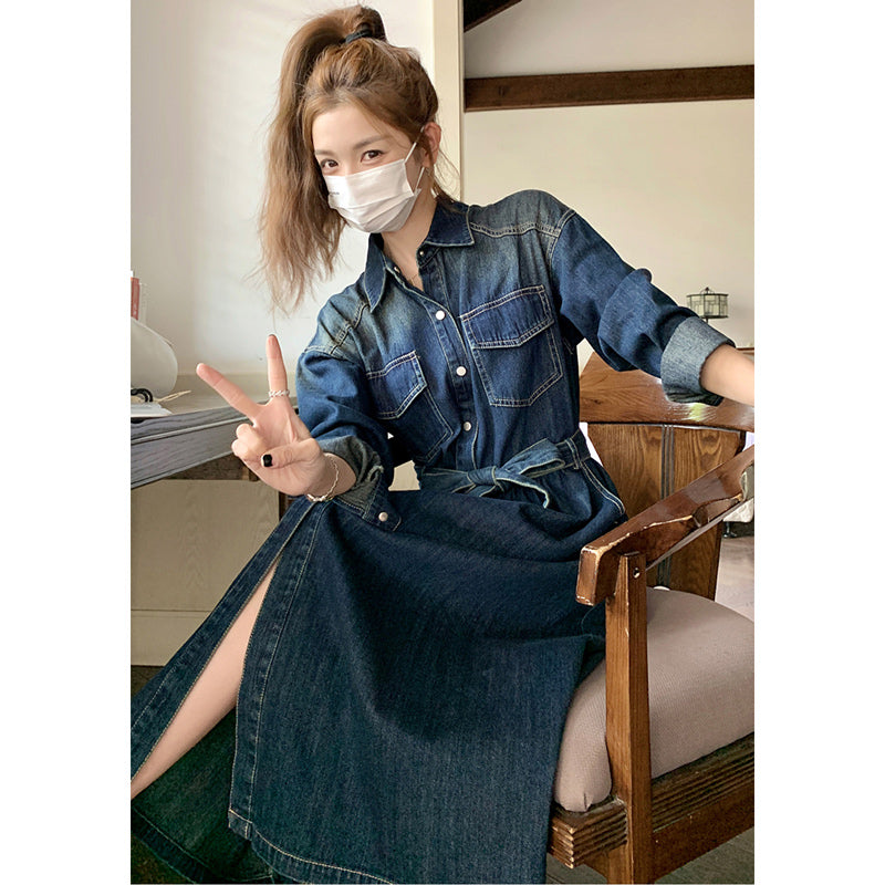 ロング丈デニムシャツワンピース