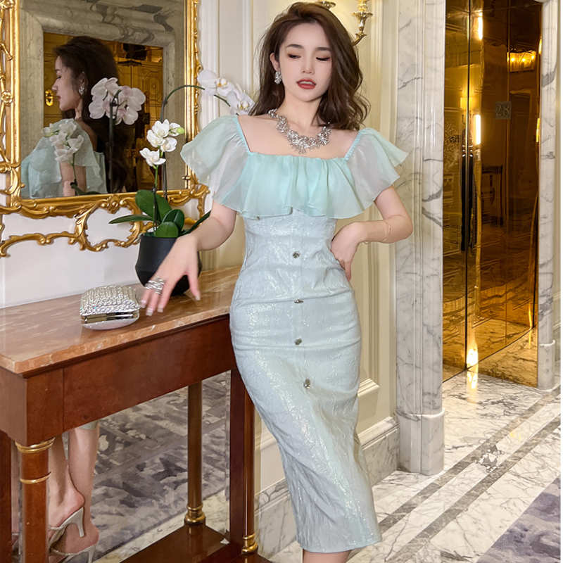 シアーラッフルコンビジャガードペンシルワンピース