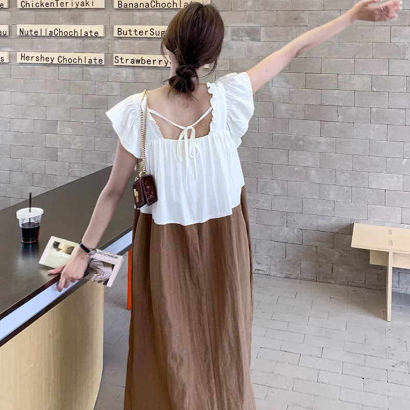 ラッフルスクエアネックバイカラーマキシワンピース