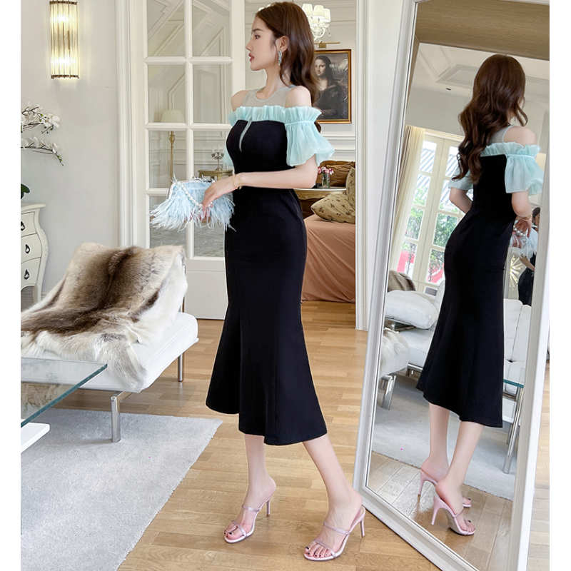 オープンショルダーバルーンスリーブマーメイドワンピース