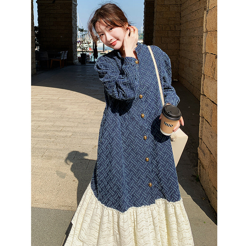 ジャガードデニム×レースティアードロングワンピース