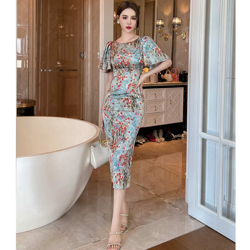 ウォータープリント花柄フレアスリーブタイトワンピース(2colors)