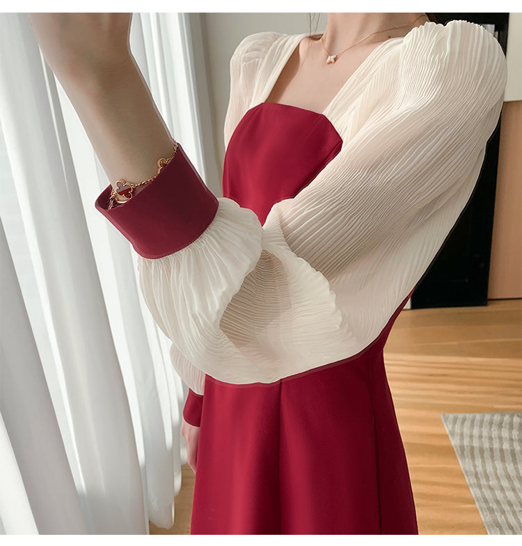 異素材ランタンスリーブバイカラーロングワンピース