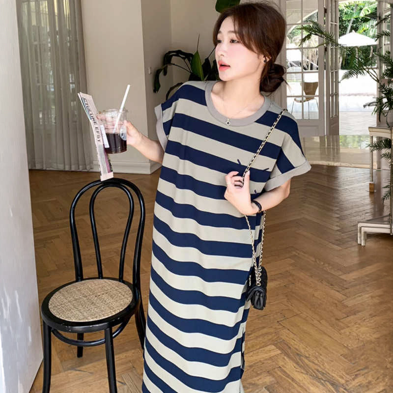 【即納】ボーダーフレンチスリーブTシャツマキシワンピース
