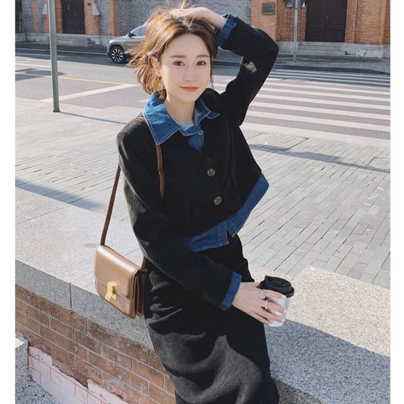 デニムシャツコンビクロップドジャケット×ワイドパンツ or ナロースカート(2colors / 2type)