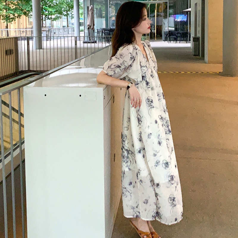 ギャザーネック花柄マキシラップワンピース