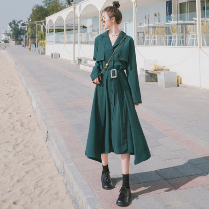 ビンテージ風ベルト付きVネックワンピース(2colors)