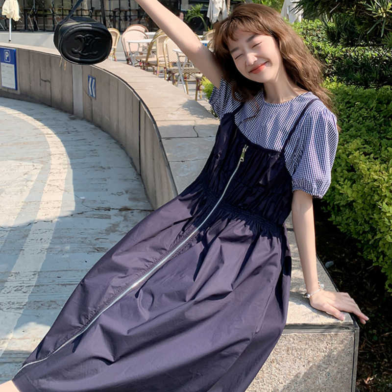 ギンガムチェックブラウスコンビフロントジッパーワンピース