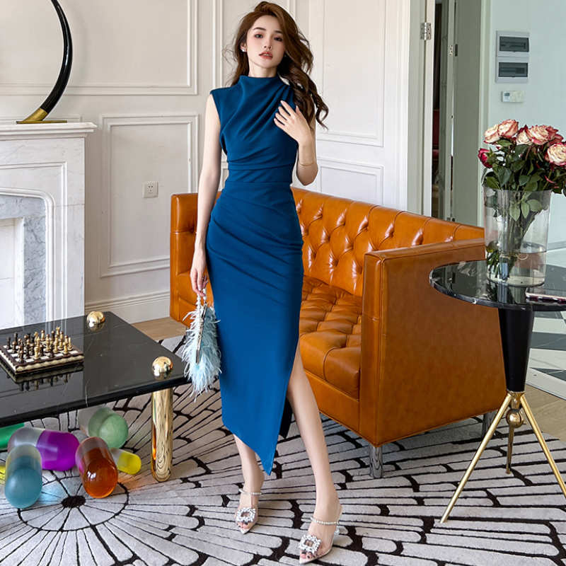 ミニハイネックタック入りスリットペンシルワンピース(2colors)