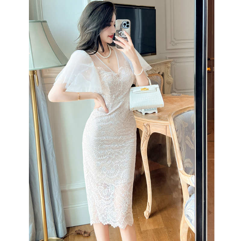 シアーフレアスリーブ総レースペンシルワンピース