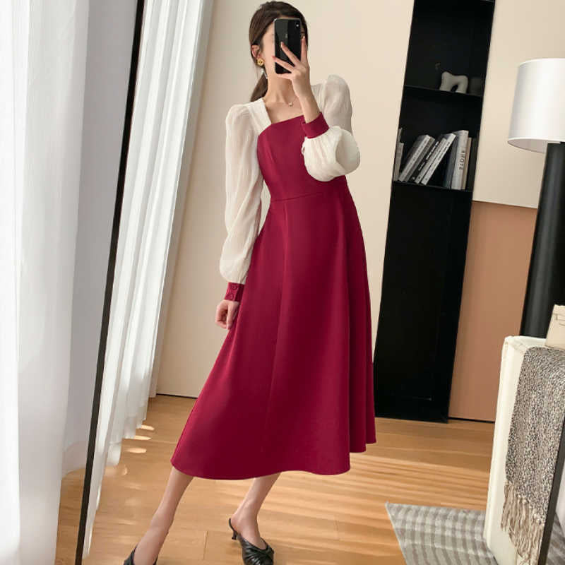 異素材ランタンスリーブバイカラーロングワンピース