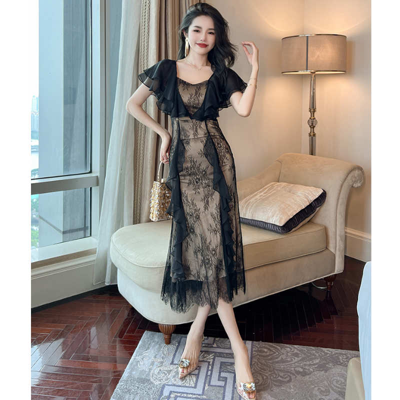 ラッフルケープコンビシアーレースマーメイドワンピース