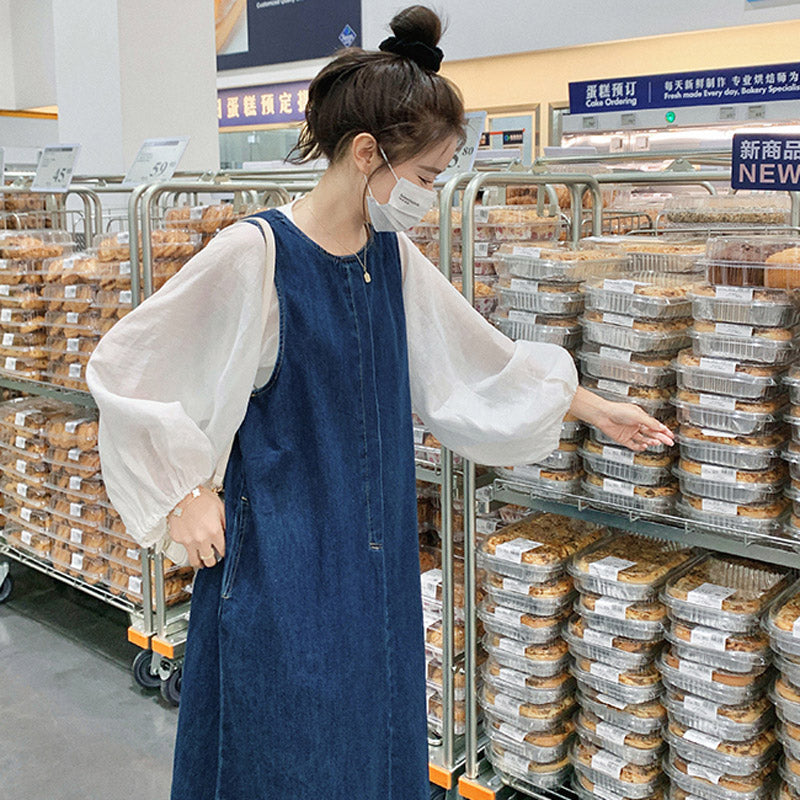 バルーンスリーブシャツ×デニムロングワンピース