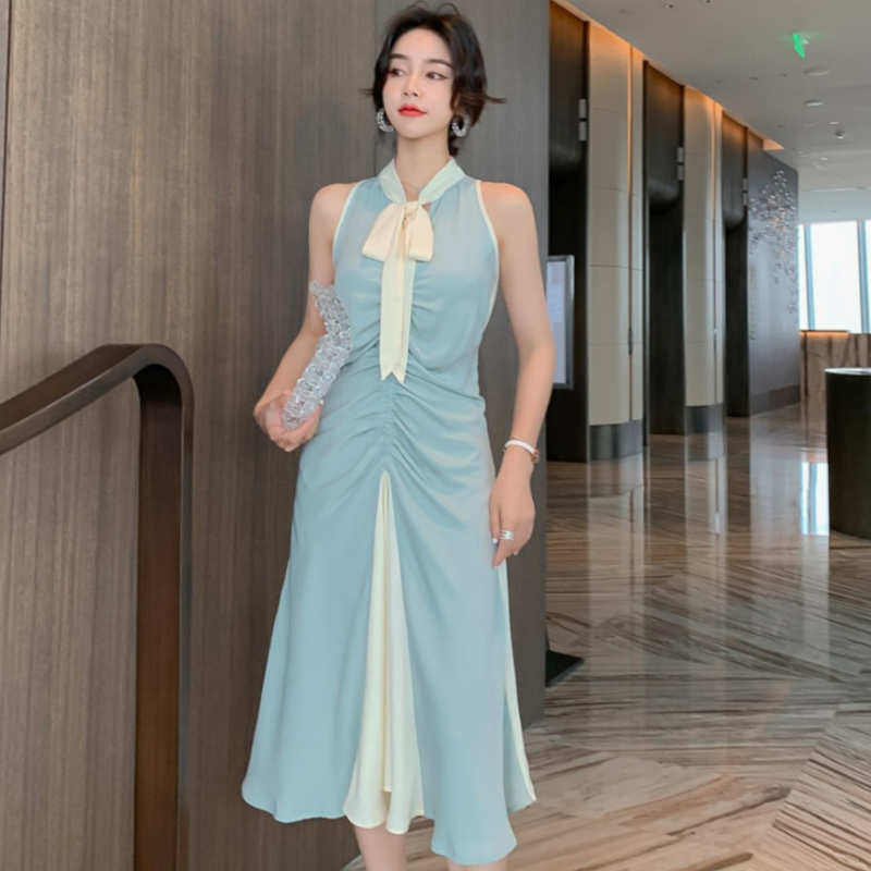 ボウタイフロントギャザーバイカラーワンピース