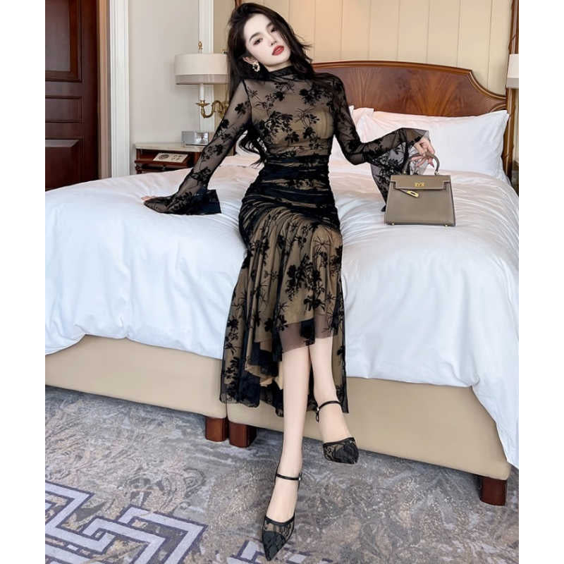 花柄シアーギャザーマーメイドドレスワンピース