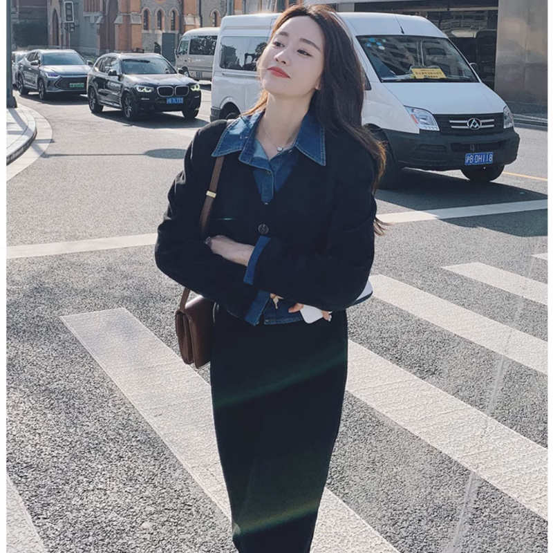 デニムシャツコンビクロップドジャケット×ワイドパンツ or ナロースカート(2colors / 2type)