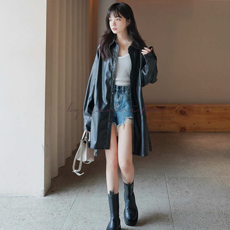 エコレザーオーバーシャツワンピース