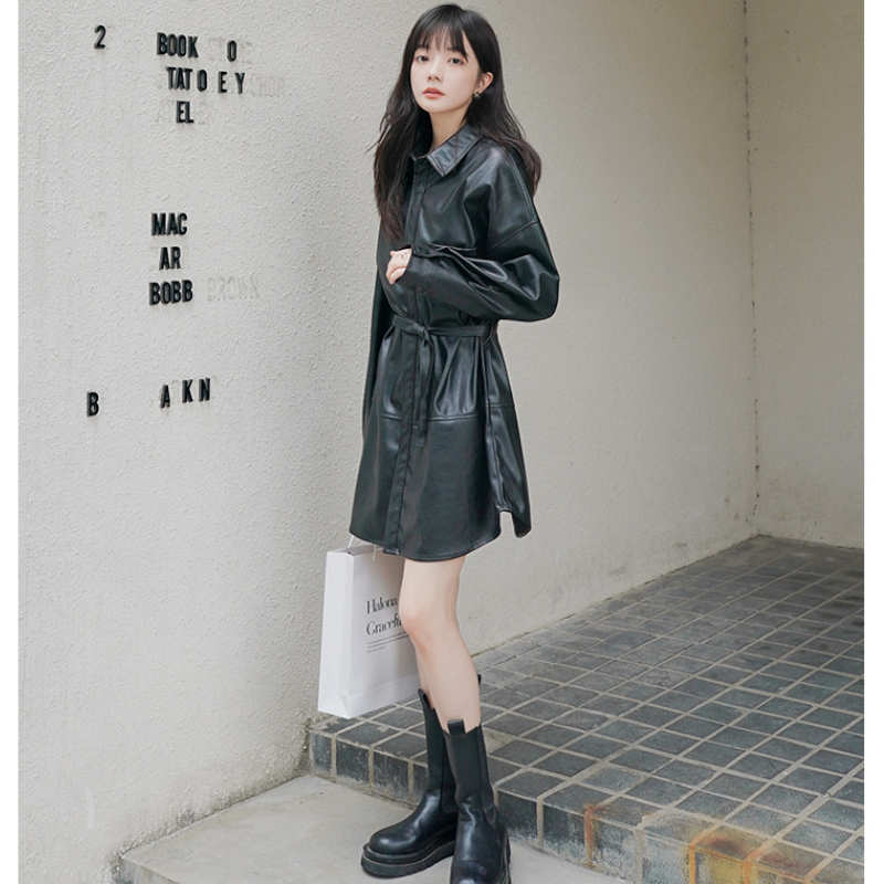 エコレザーオーバーシャツワンピース