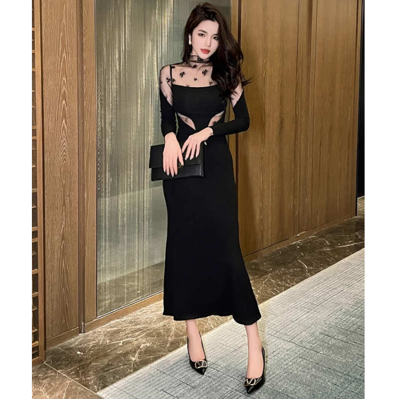 花柄シアーコンビマーメイドマキシワンピース