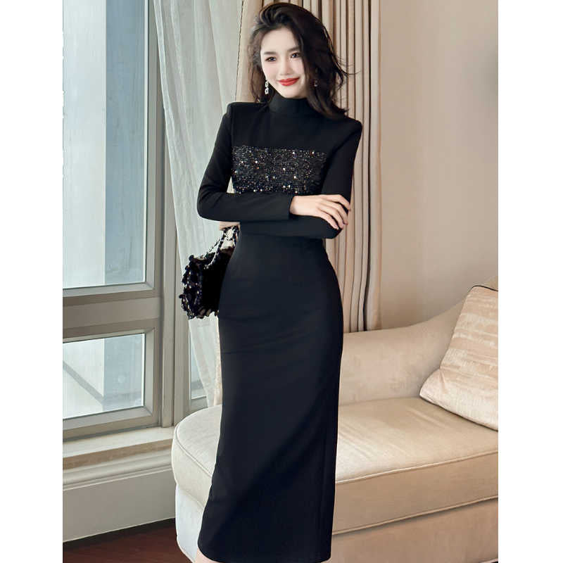 ボトルネックグリッターコンビペンシルワンピース