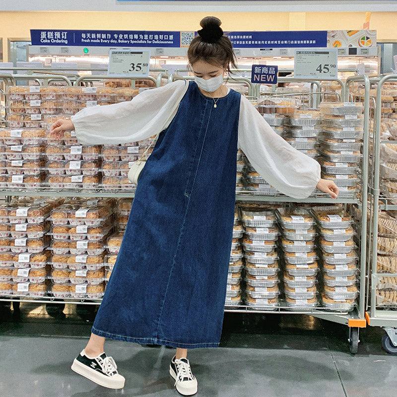 バルーンスリーブシャツ×デニムロングワンピース