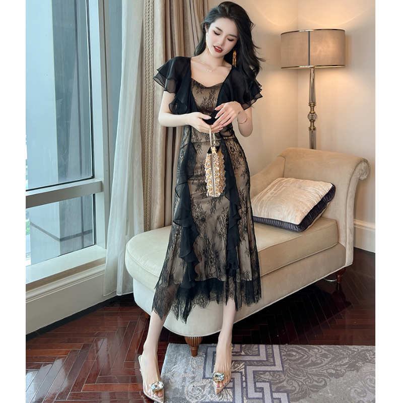 ラッフルケープコンビシアーレースマーメイドワンピース