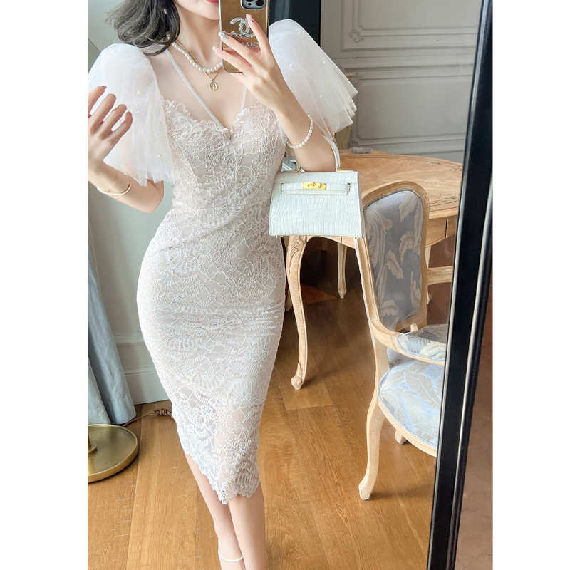 シアーフレアスリーブ総レースペンシルワンピース