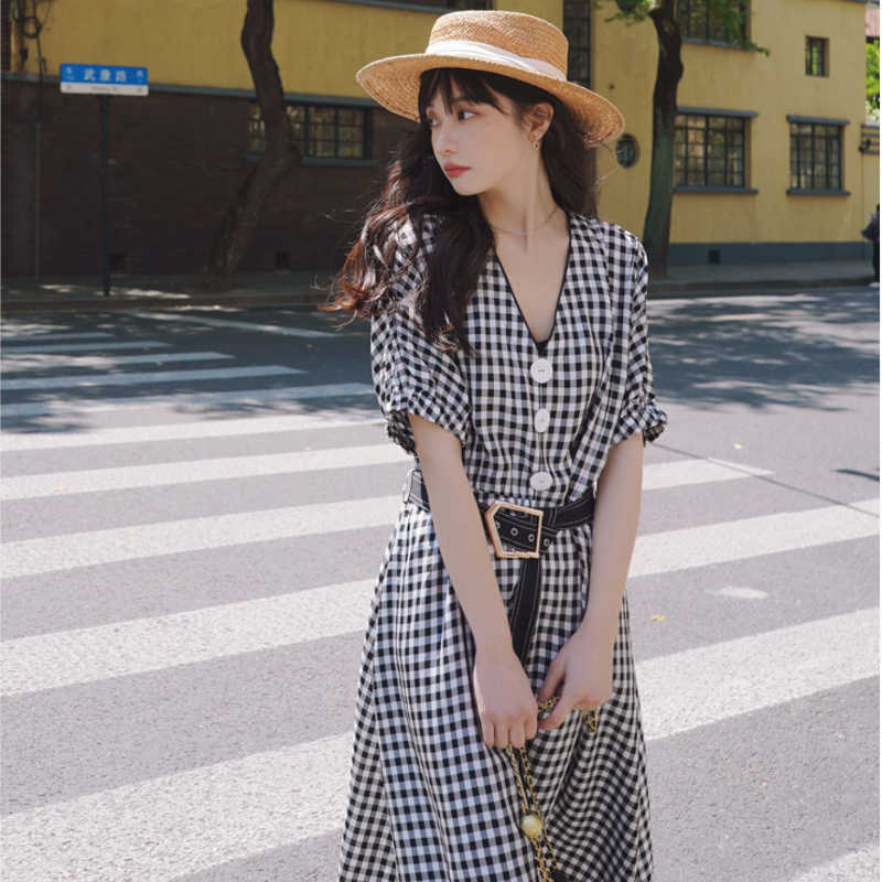 ビッグフロントボタンギンガムチェックマキシワンピース