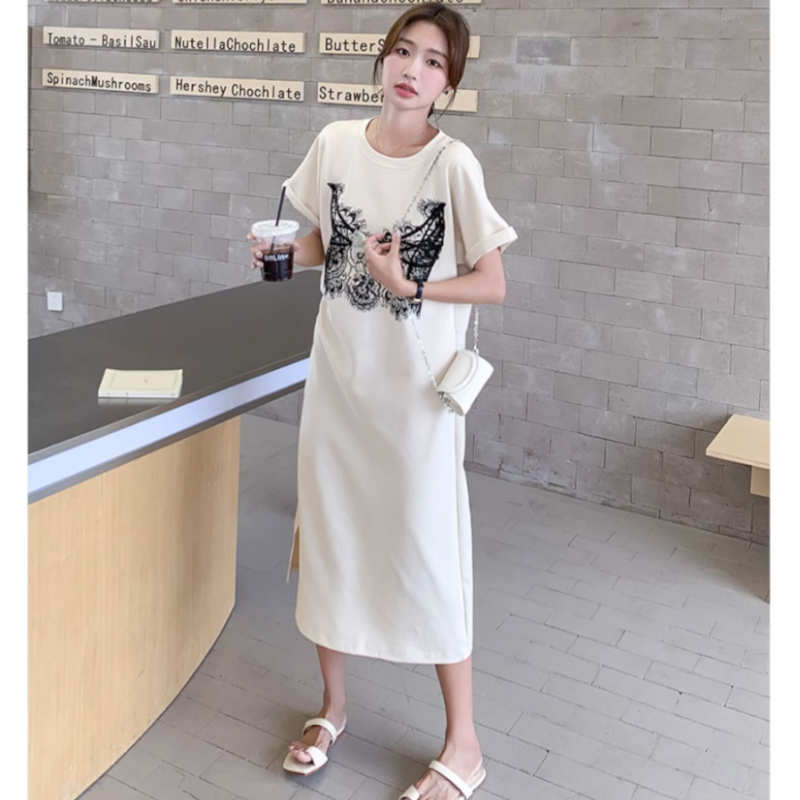 レースプリントゆるTシャツワンピース