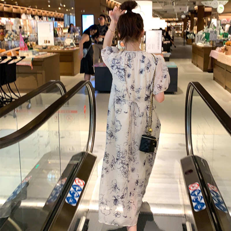 ギャザーネック花柄マキシラップワンピース
