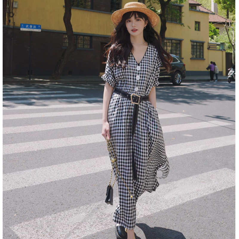 ビッグフロントボタンギンガムチェックマキシワンピース