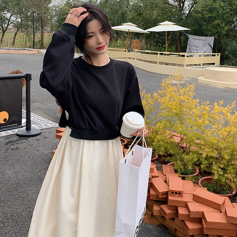 ショート丈ニットトップス×ロング丈シャツコンビ風ワンピース