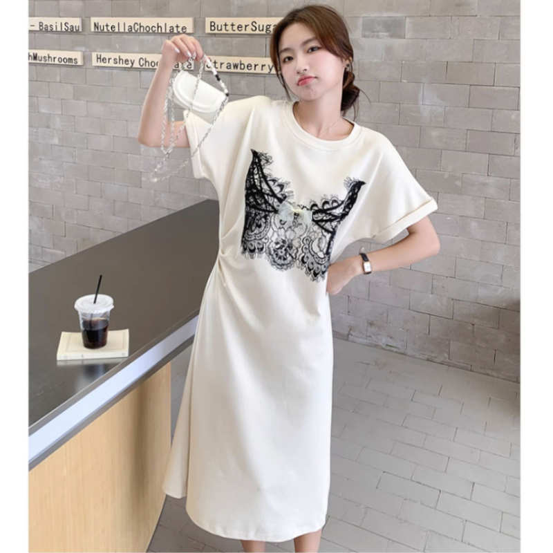 レースプリントゆるTシャツワンピース