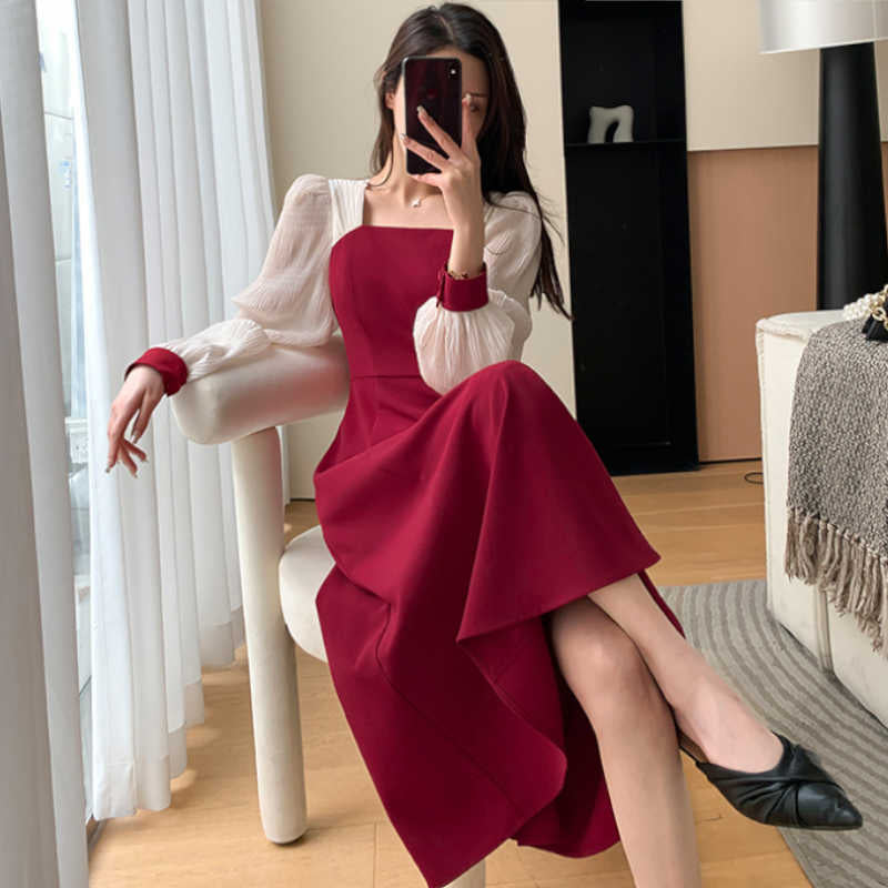 異素材ランタンスリーブバイカラーロングワンピース