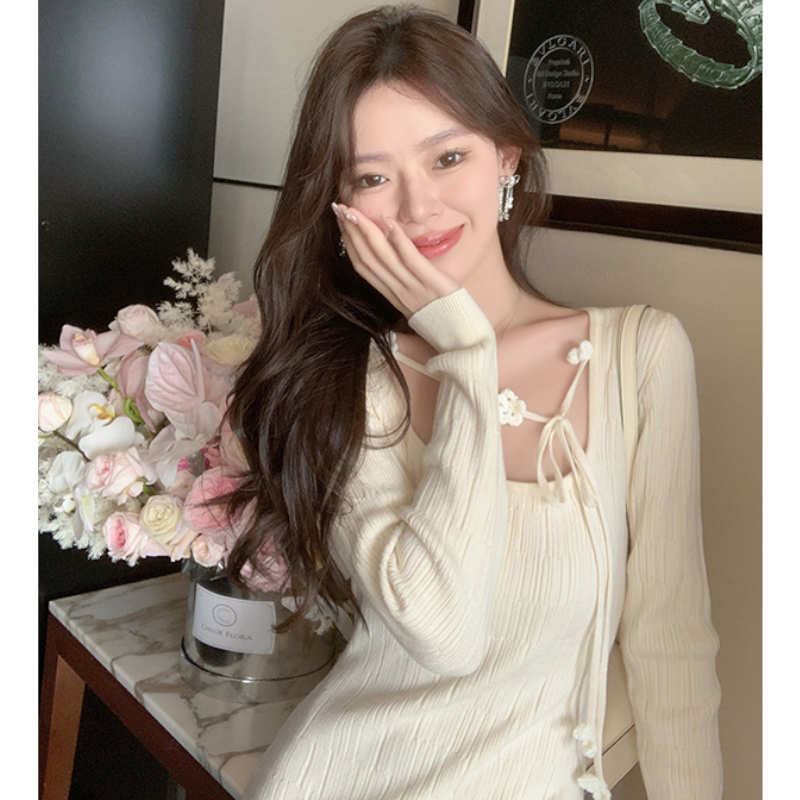 フラワーチョーカーコンビスクエアネックニットワンピース