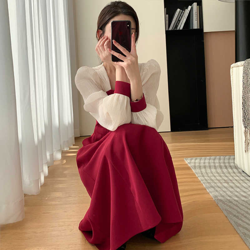 異素材ランタンスリーブバイカラーロングワンピース