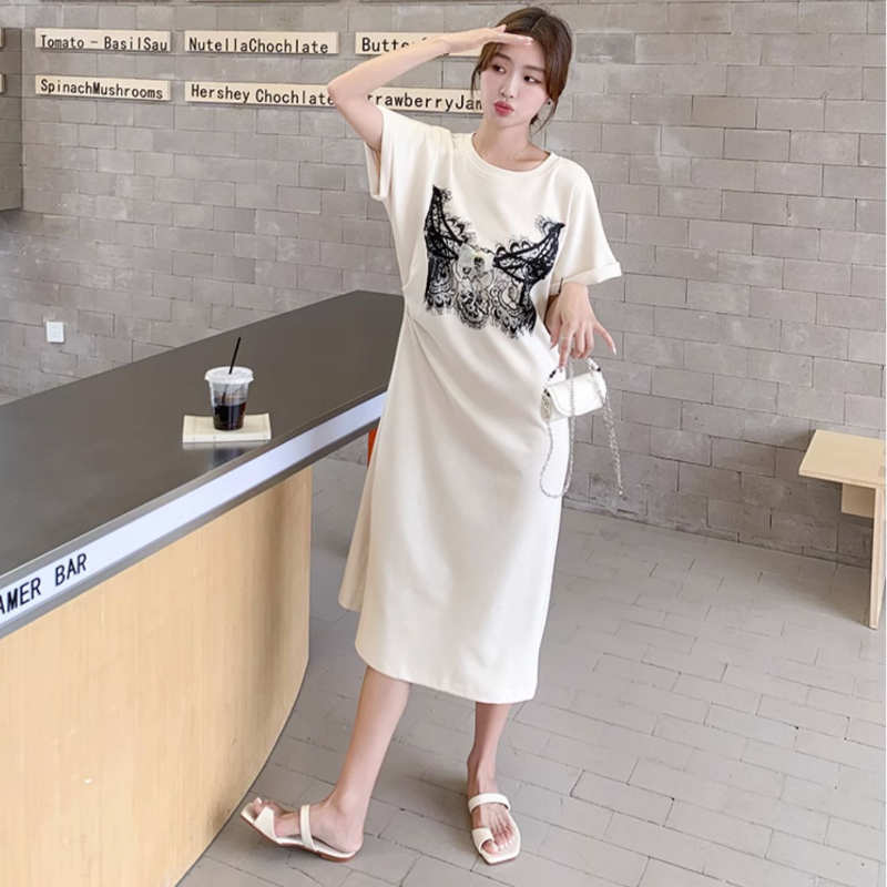 レースプリントゆるTシャツワンピース