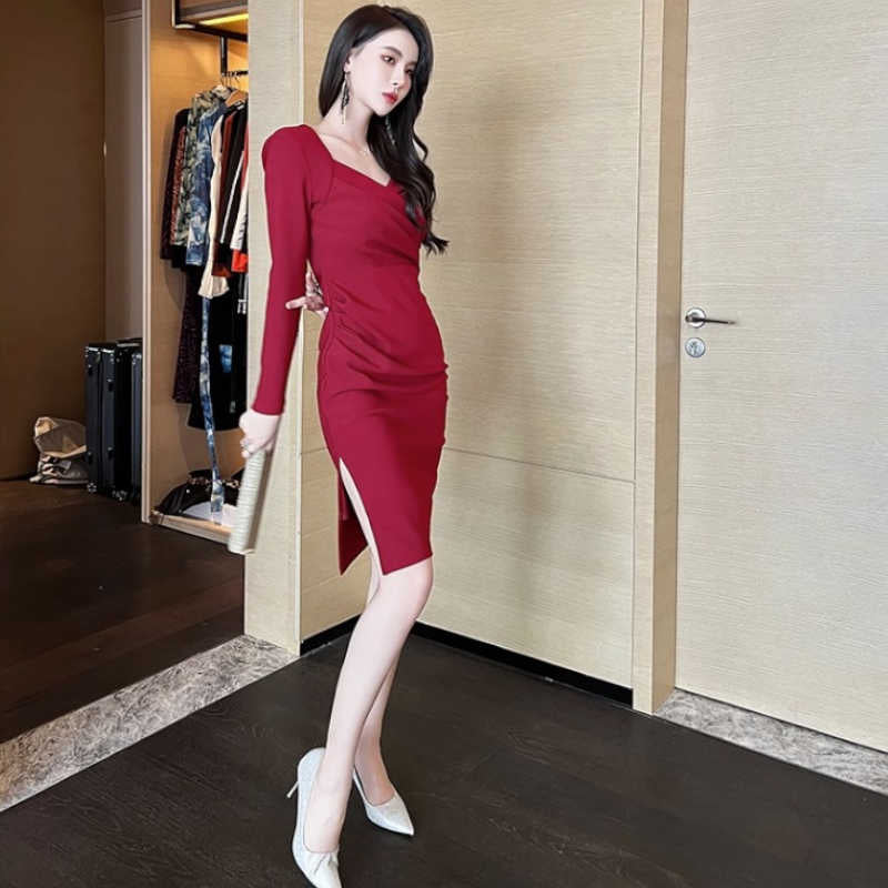 ハートネックカシュクールサイドスリットワンピース(3colors)