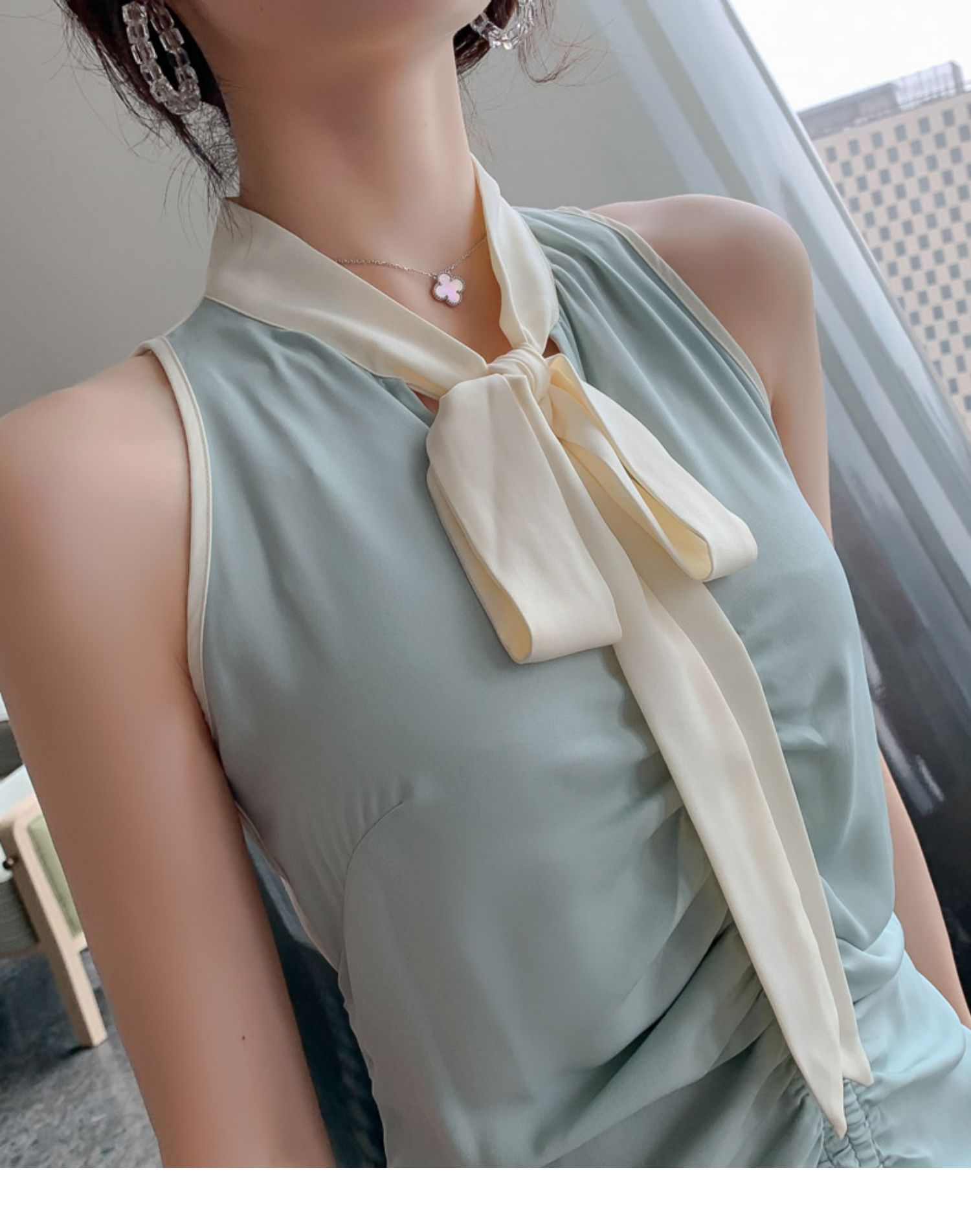 ボウタイフロントギャザーバイカラーワンピース