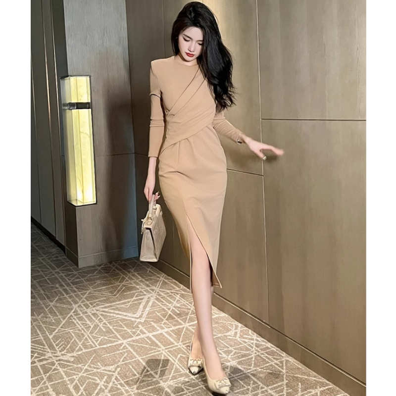 【即納】アシメドレープサイドスリットペンシルワンピース