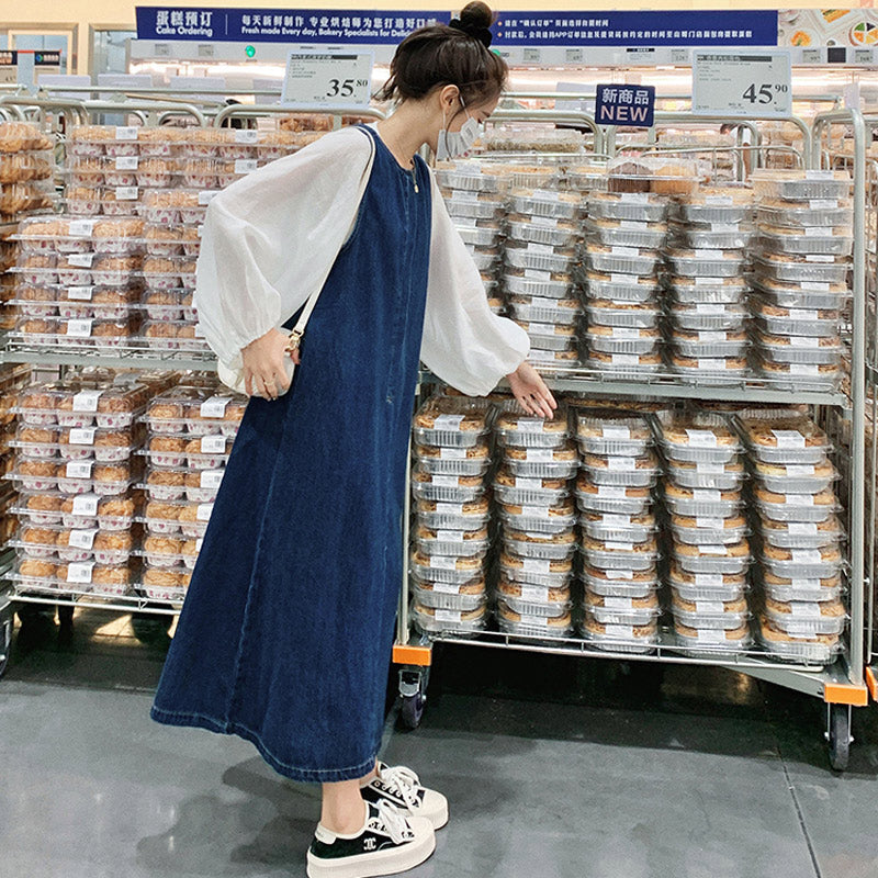 バルーンスリーブシャツ×デニムロングワンピース