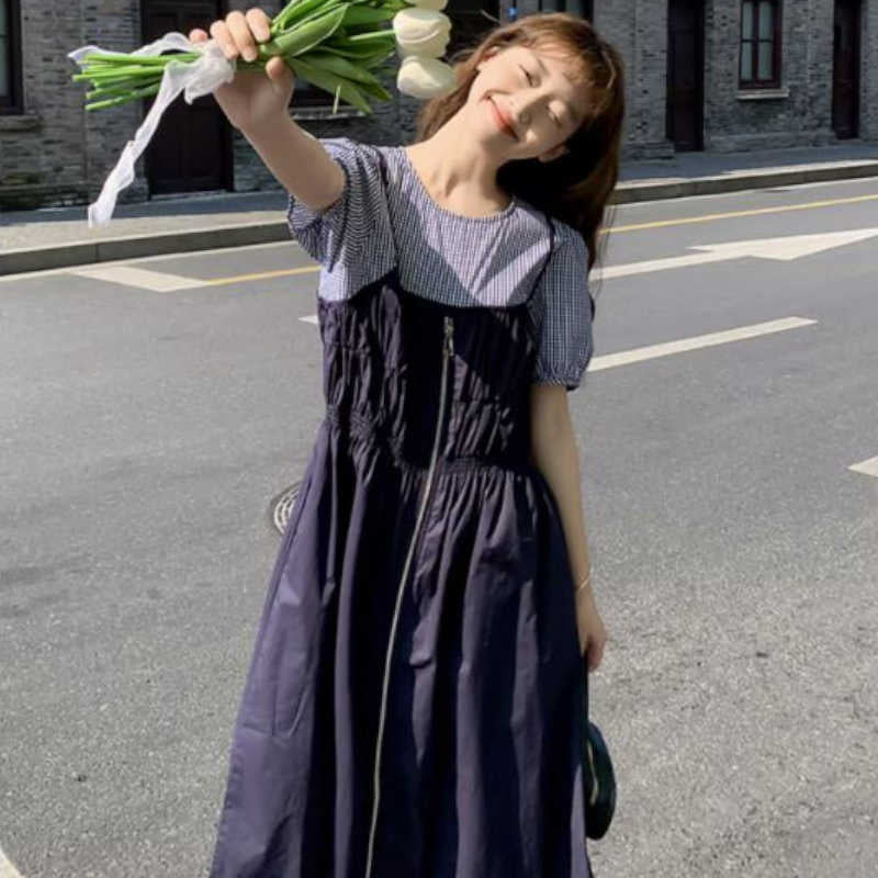 ギンガムチェックブラウスコンビフロントジッパーワンピース