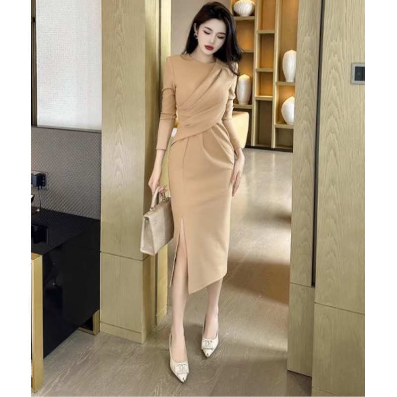 【即納】アシメドレープサイドスリットペンシルワンピース