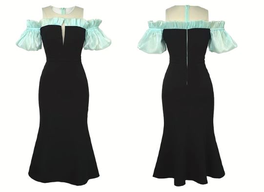 オープンショルダーバルーンスリーブマーメイドワンピース