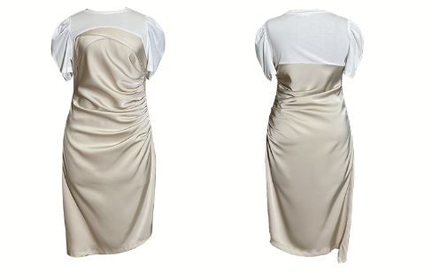 Tシャツコンビサテンサイドドローストリングワンピース