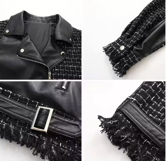 レザーコンビツイードオーバージャケット