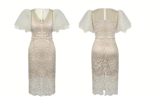 シアーフレアスリーブ総レースペンシルワンピース