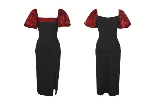 異素材バルーンスリーブバイカラーロングワンピース