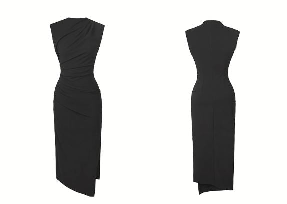 ミニハイネックタック入りスリットペンシルワンピース(2colors)